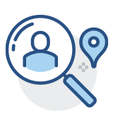 Graphic of magnifying glass, person, and map pin