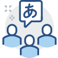 Graphic of group of people and speech bubble with language character