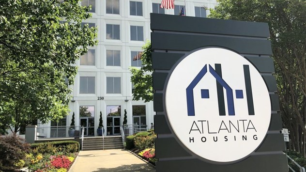 The Atlanta Housing Authority logo and agency headquarters on May 18, 2018