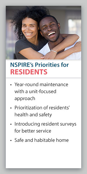 NSPIRE's Priorities for Residents: Year-round maintenance with a unit-focused approach, prioritization of residents' health and safety, introducing resident surveys for better service, safe and habitable home.